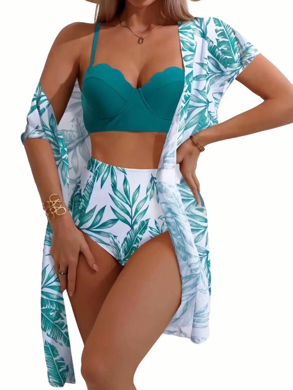 Teal Scalloped Bikini Set with Leaf-Print High-Waist Bottoms and Cover-Up
